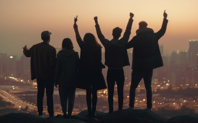 A team celebrating together on a rooftop overlooking the city skyline at dusk