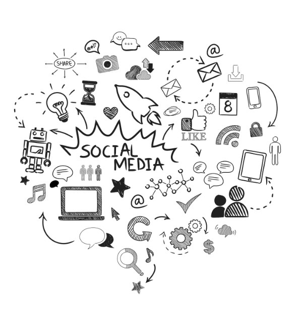Hand-drawn icons around the words Social Media, representing digital marketing channels