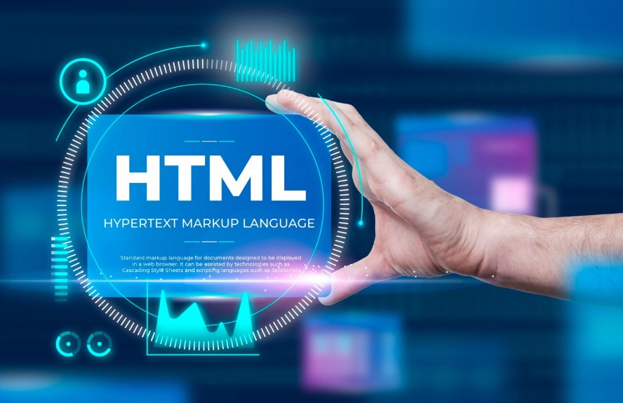 A hand touching a holographic HTML (Hypertext Markup Language) interface