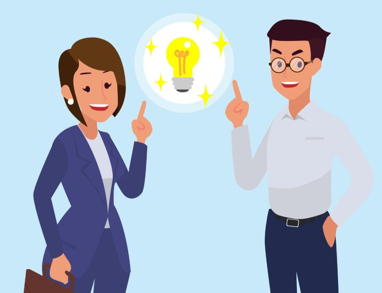 Two people sharing an idea, represented by a lightbulb