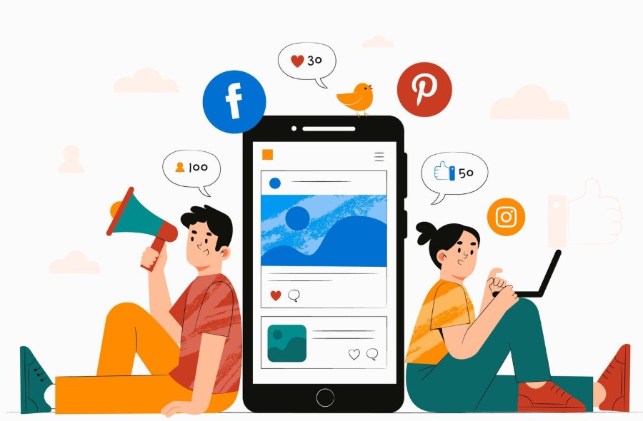 Illustration of people engaging with a social media post, surrounded by Facebook, Instagram and Pinterest icons