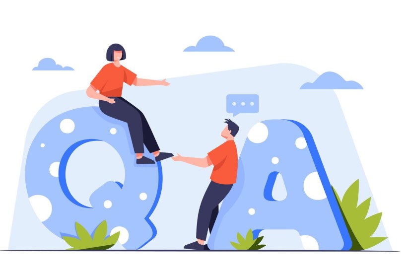 Two people collaborating on quality assurance, illustrated as climbing the letters Q and A