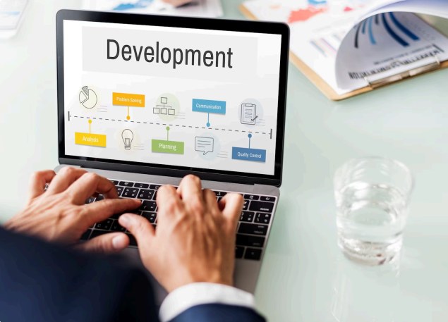 A developer's laptop showing the analysis, planning and development process